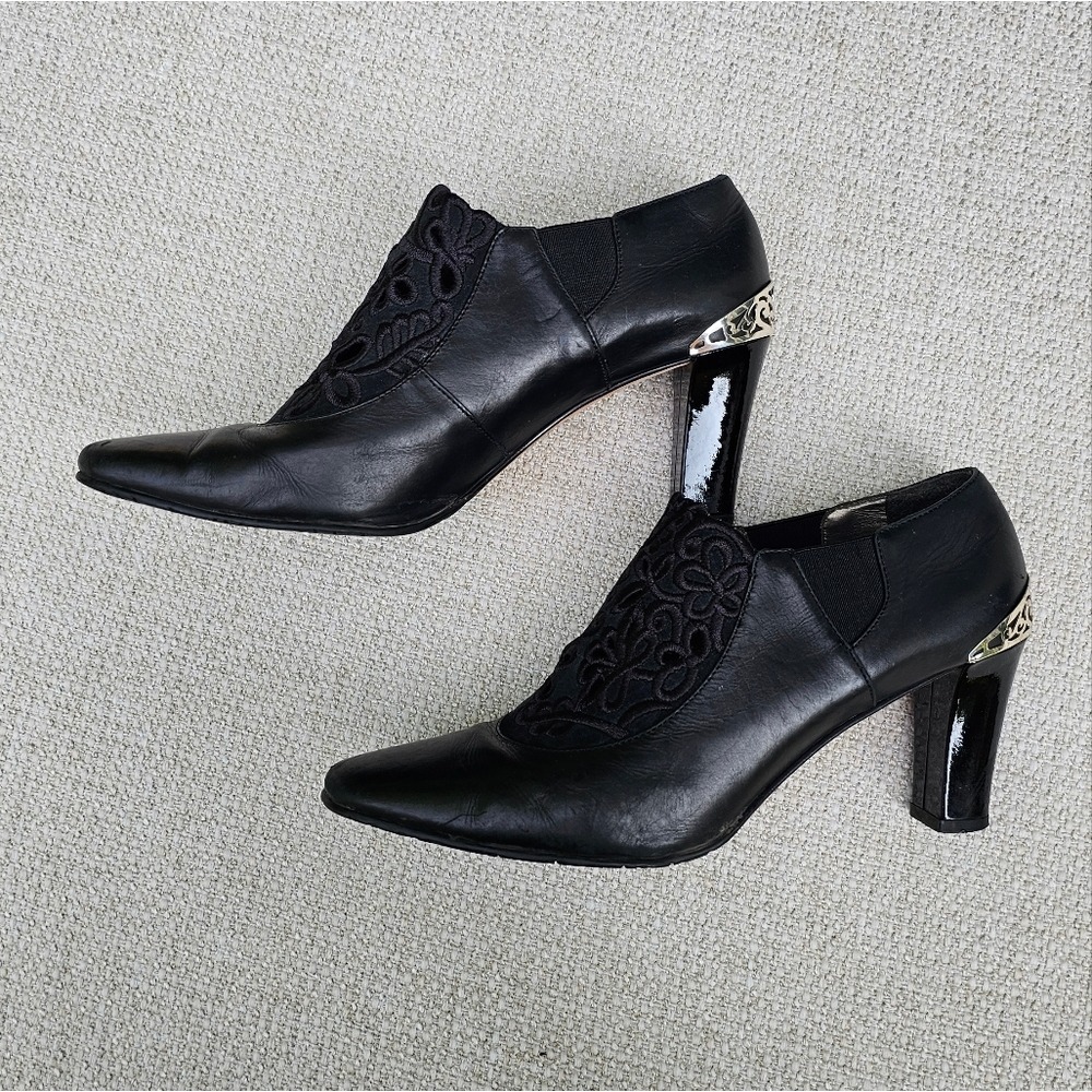 Brighton Black Leather Heeled Shoes with Lace Detail Silver Embellished 7.5 Med - Picture 11 of 11